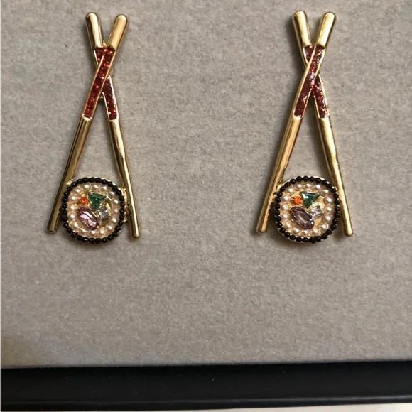 BaubleBar Gold Tone Chopsticks & Sushi Roll Drop Earrings Crystal Accents NIB - Picture 8 of 10